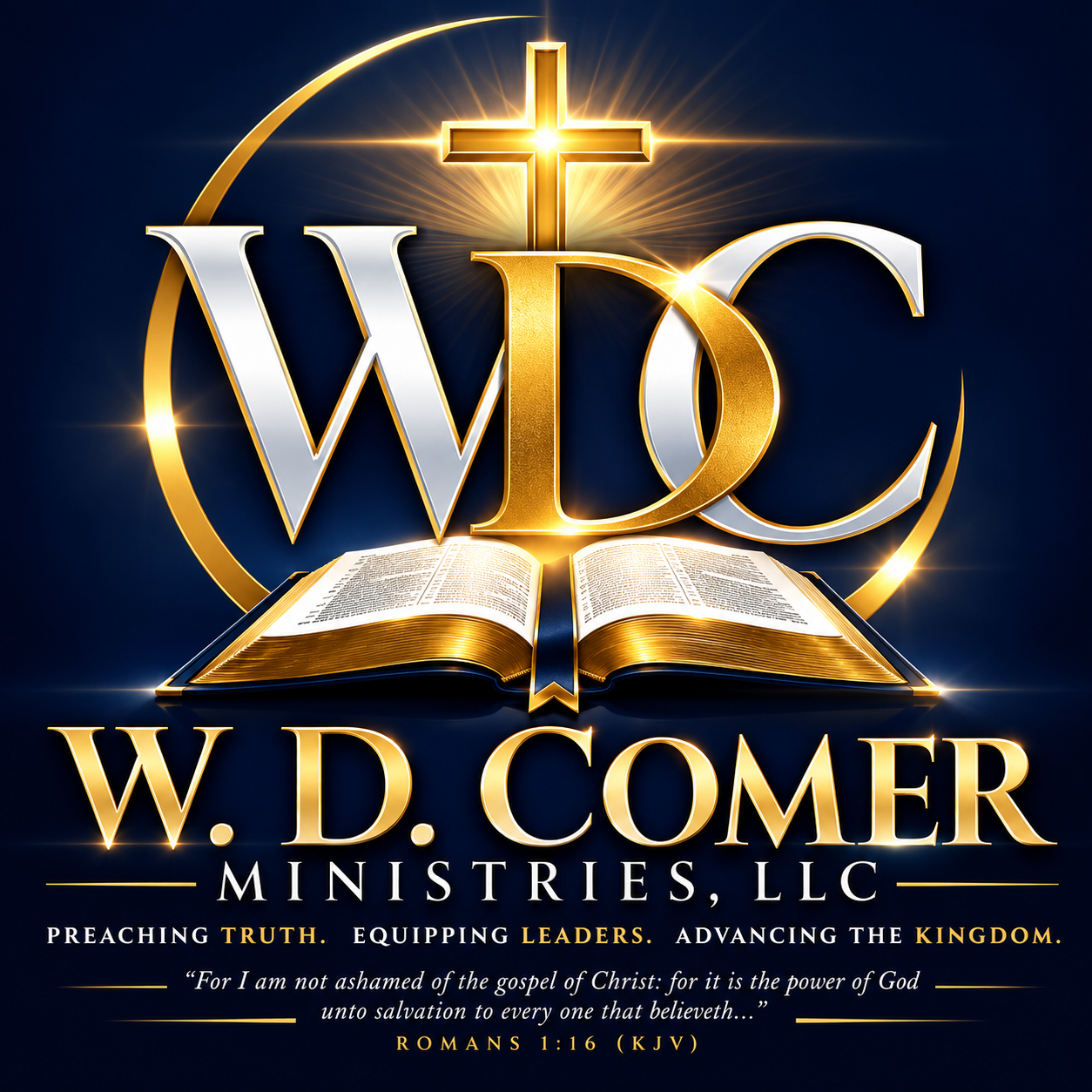 W.D. Comer Ministries gold and navy emblem